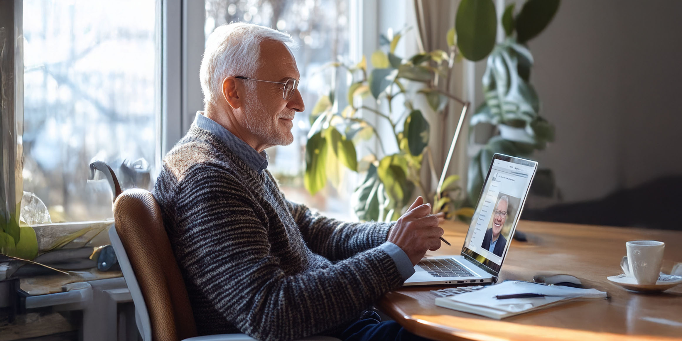 Smiling senior man on video call with a Cephas Medicare agent, laptop on desk in bright home office